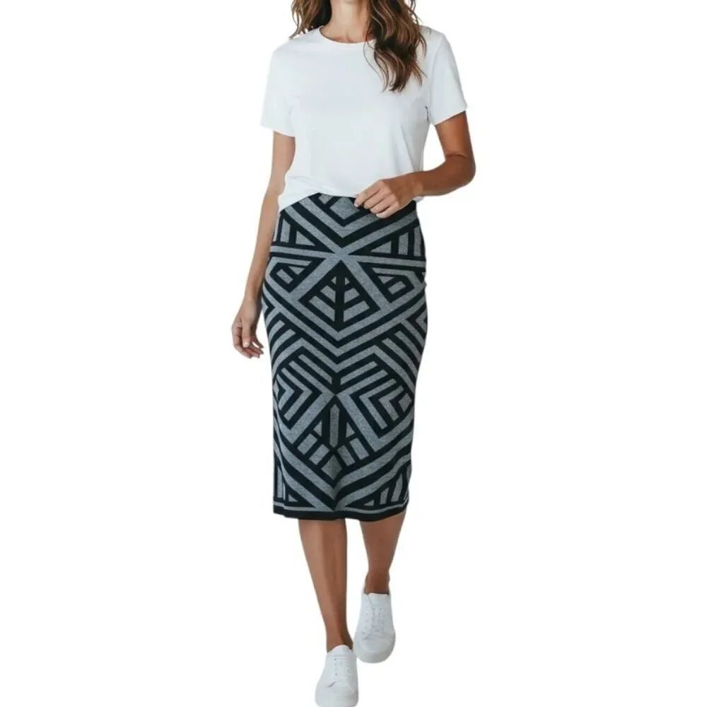 Catherine Womens Knit Midi Skirt Heather Graphite Black Geometric Print XS NWT